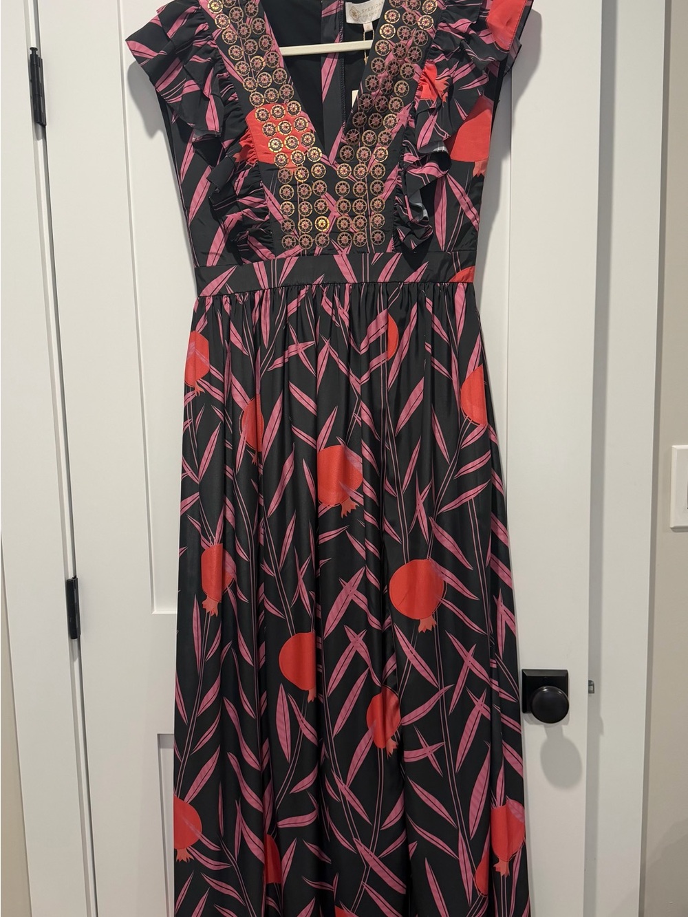 Black Maxi Dress with Pink Leaf Print and Red Floral Accents